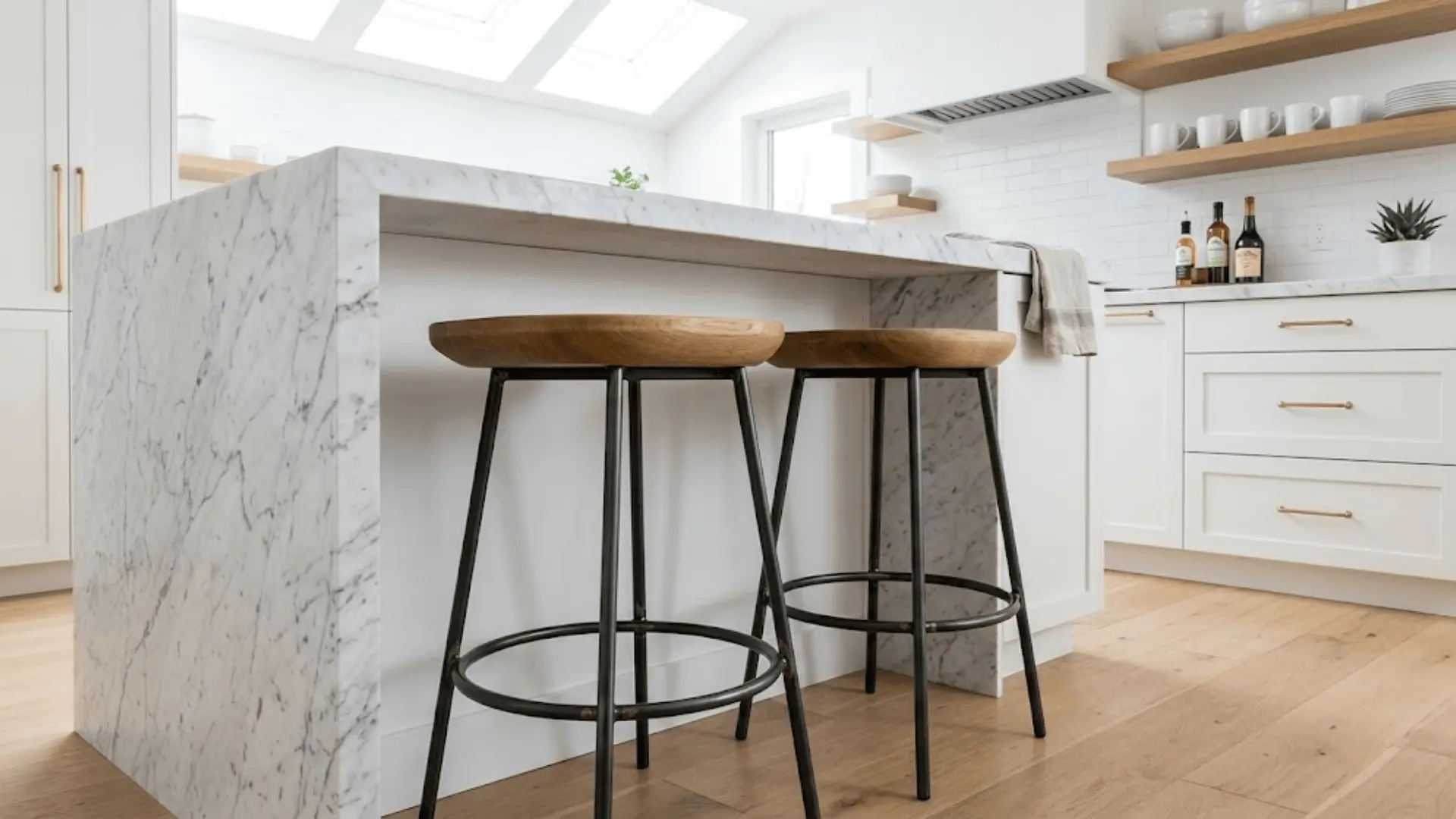 black metal bar stools with oak saddle seats at a white marble kitchen island in a contemporary kitchen