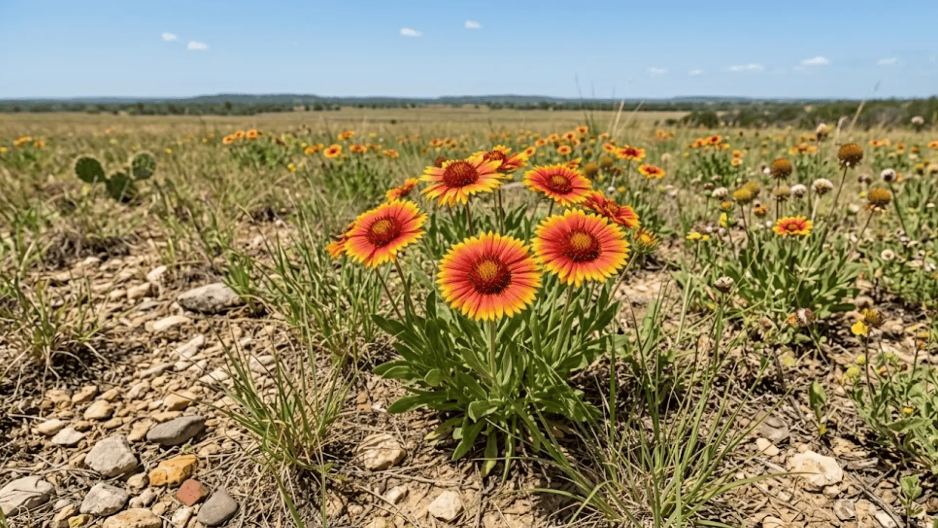blanket flowers with red orange and yellow petals blooming in dry open ground under sunlight