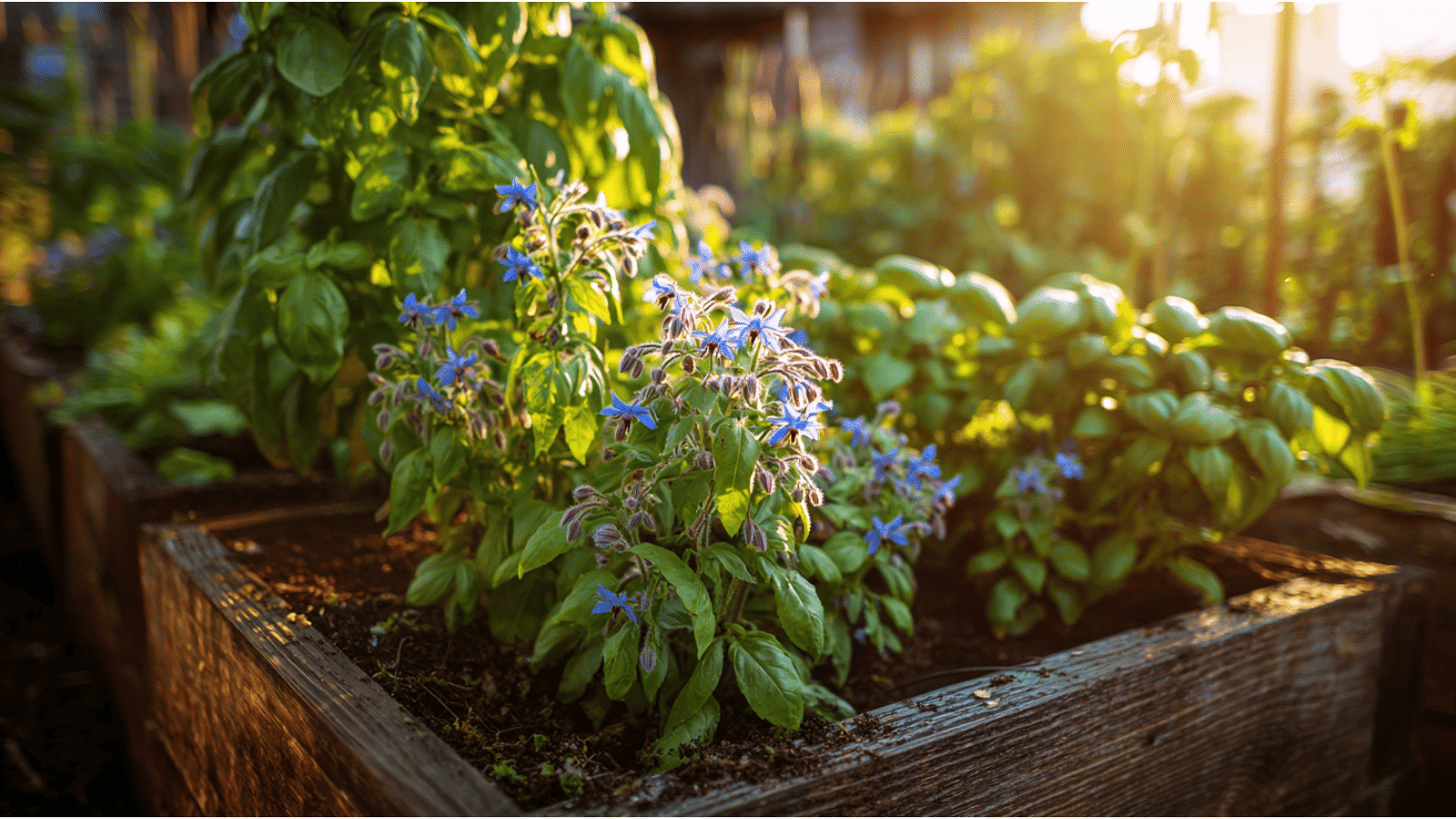 Blue borage flowers beside basil in a raised planter with glowing sunshine and busy backyard vegetable patches.