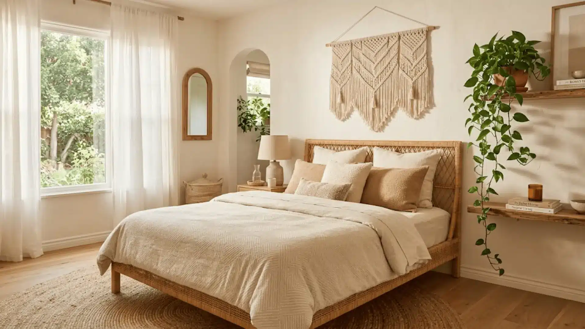 boho neutral bedroom with rattan bed, macrame wall hanging, jute rug, and layered cream linen bedding