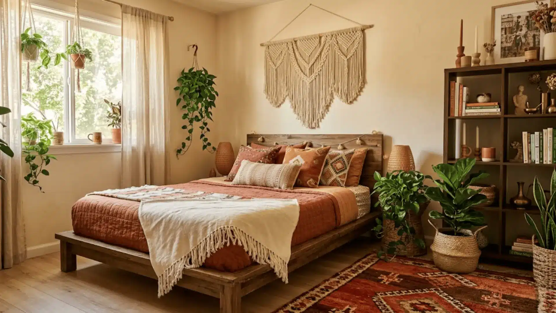 boho spare bedroom with macrame wall hanging, rust quilt, mixed textiles, trailing plants, and moroccan rug