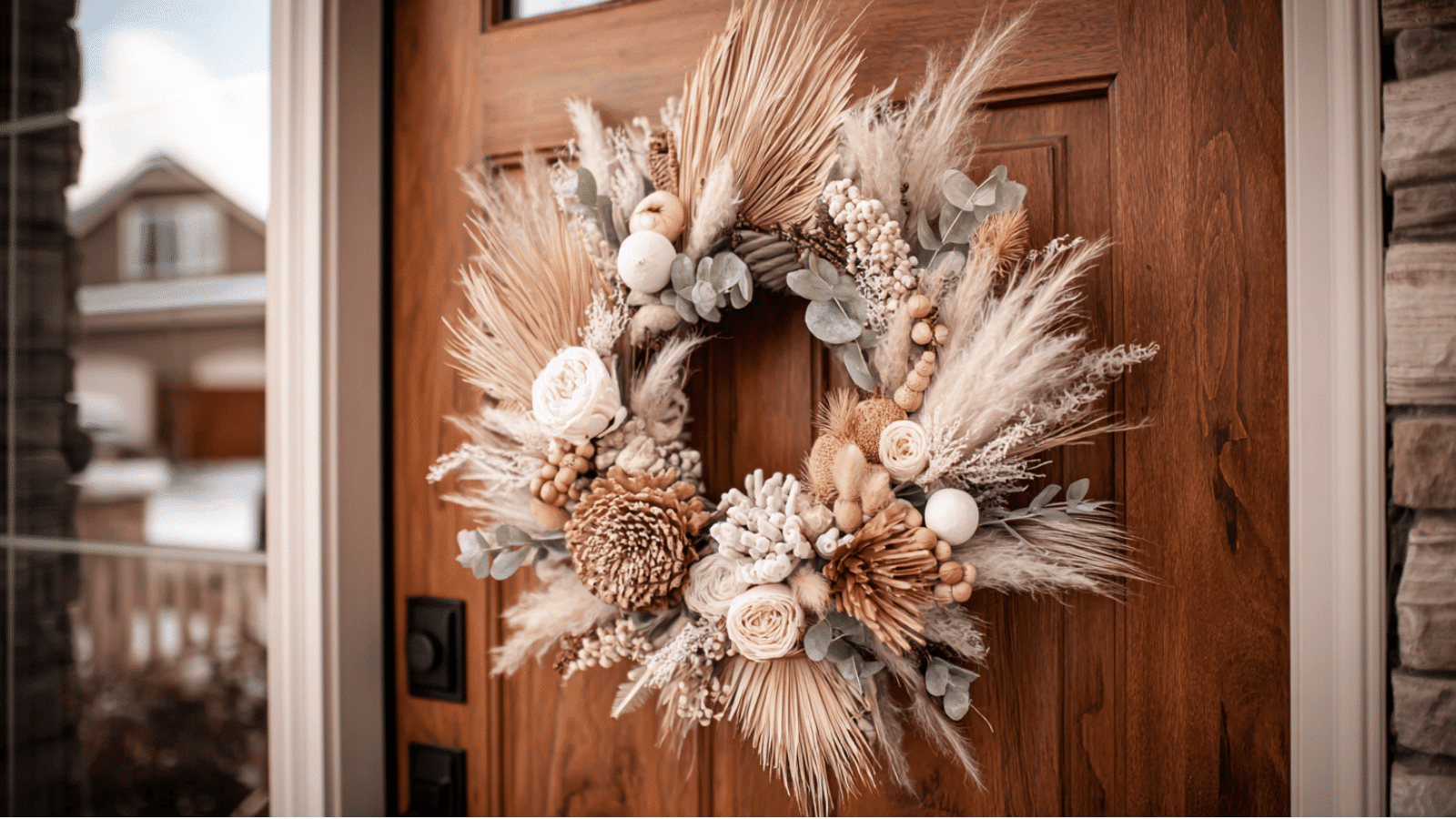 boho wreath with pampas grass dried palm leaves neutral flowers and eucalyptus hanging on a wooden front door