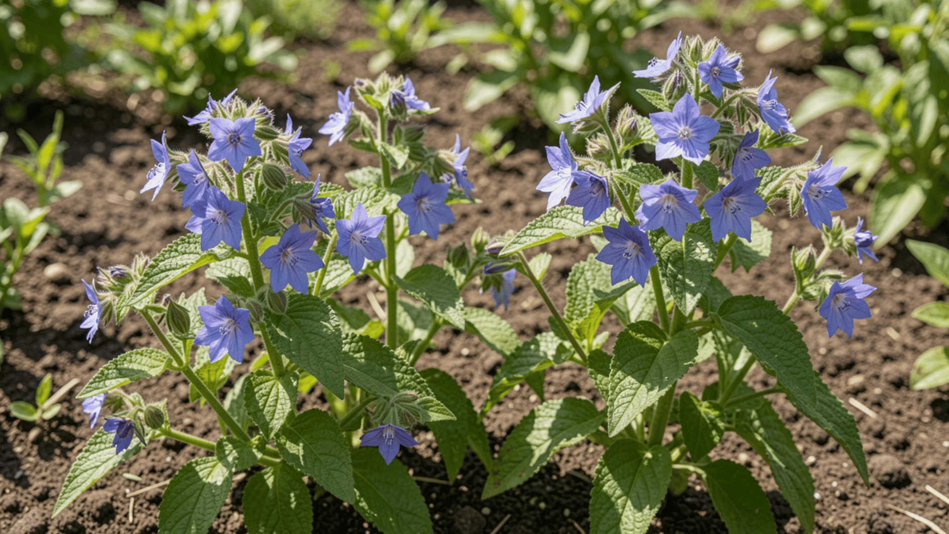 borage plants with small blue flowers growing near pepper plants in a garden bed, attracting pollinators in natural sunlight