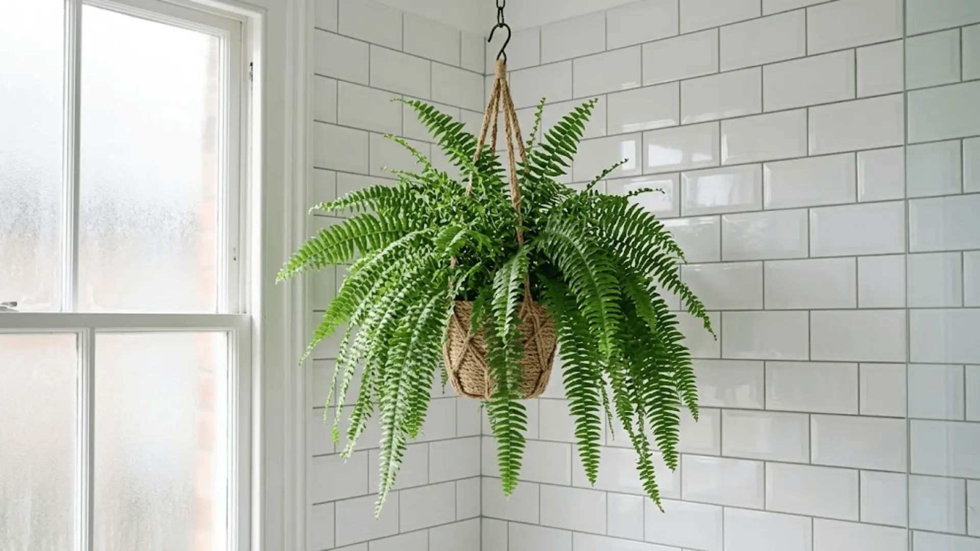 boston fern in hanging basket inside a bright bathroom with white tiles and natural morning light