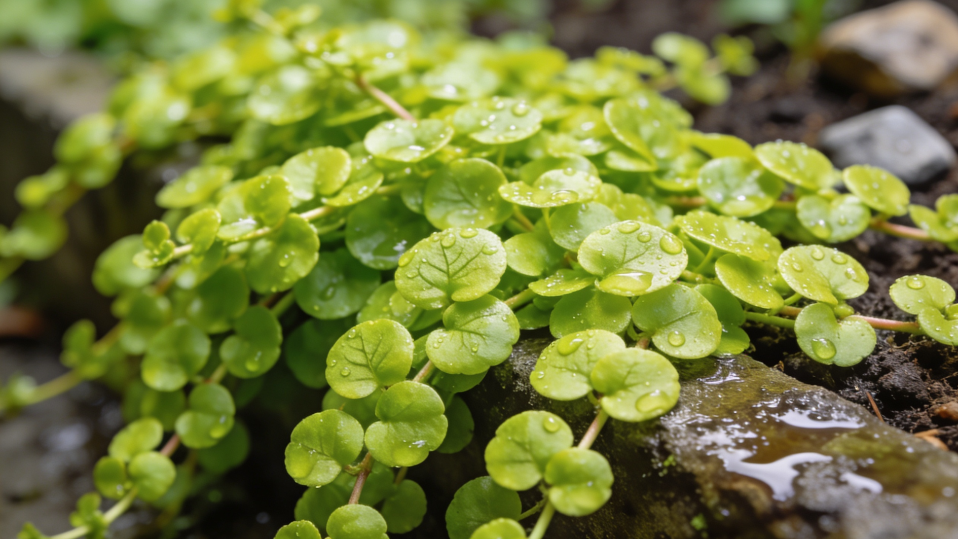 bright chartreuse creeping jenny with round overlapping leaves growing densely across a damp garden area