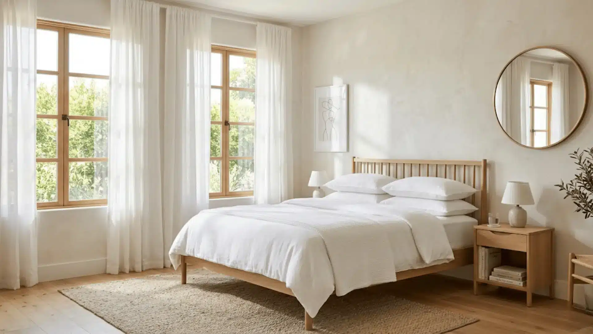 bright neutral bedroom with sheer linen curtains, natural daylight, round mirror, and white linen bedding