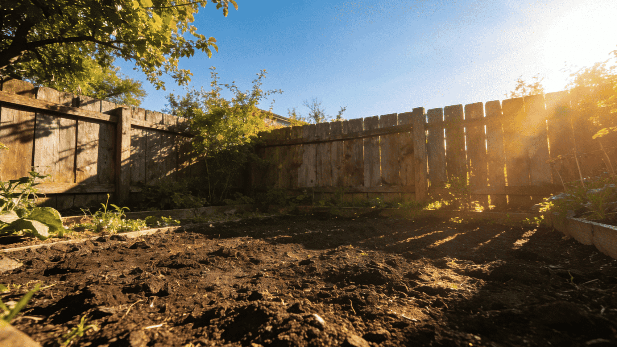 bright open sunny backyard garden bed with direct sunlight, perfect spot for planting raspberries
