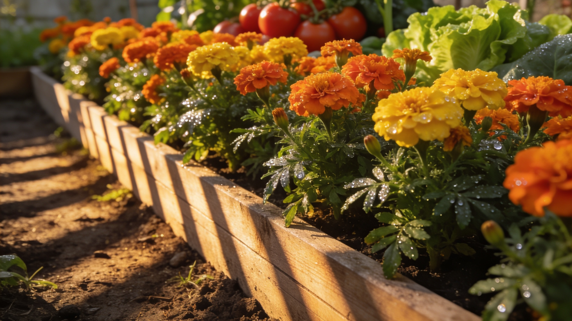 bright orange and yellow marigolds growing in dense rows along a raised vegetable garden bed border for natural weed suppression