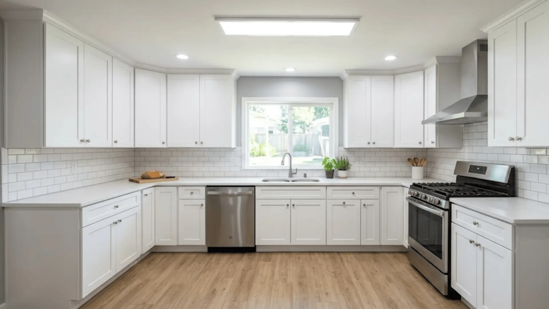 bright white stock shaker cabinets with brushed nickel hardware and white quartz countertops in a clean kitchen