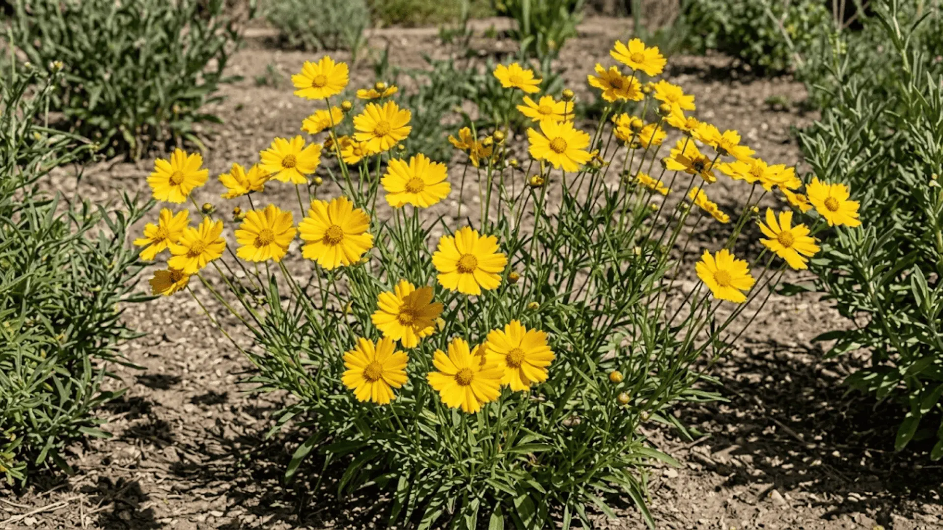 bright yellow coreopsis daisy-like flowers blooming in dry open garden soil under natural sunlight