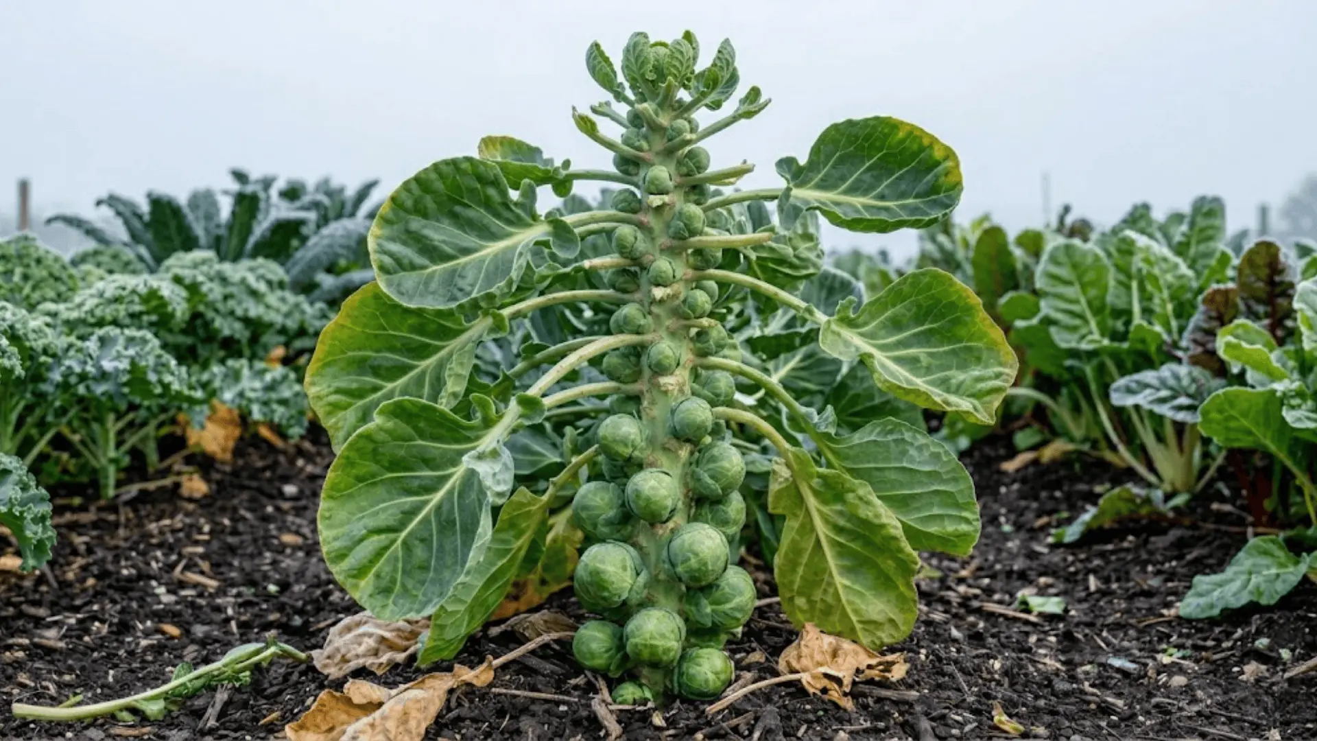 brussels sprout stem with small early-stage buds just beginning to form, large leaves dominant, overcast garden light