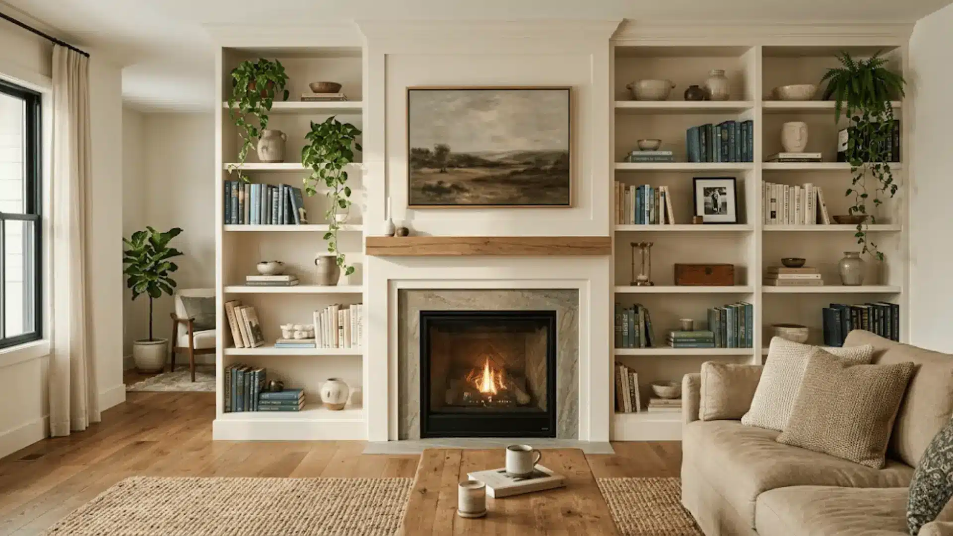 built-in white millwork shelving fireplace wall with books and greenery in a modern living room