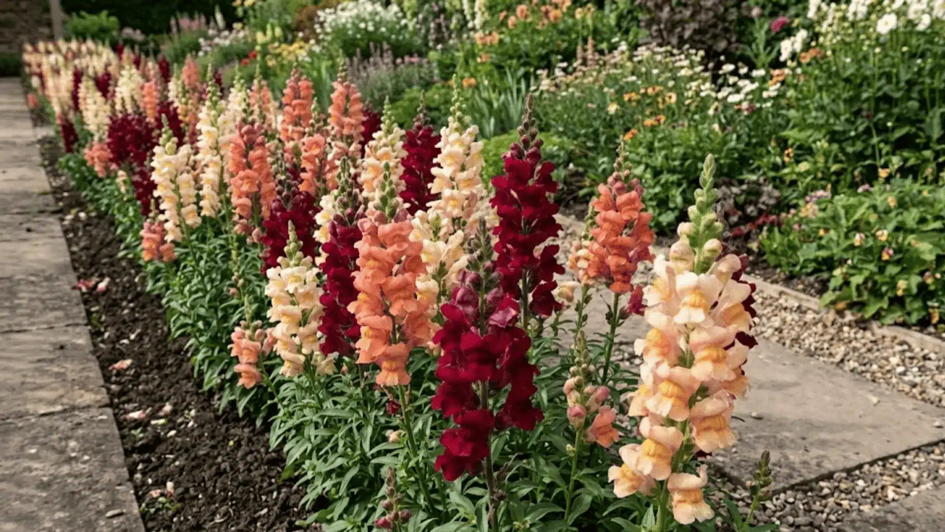 burgundy peach and cream snapdragons standing tall in a garden border in clear afternoon light