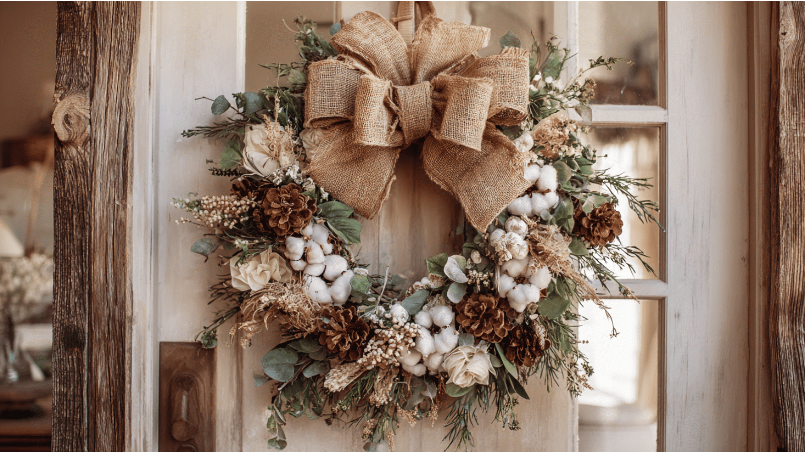 burlap wreath with cotton stems pinecones eucalyptus greenery and rustic ribbon hanging on a farmhouse front door