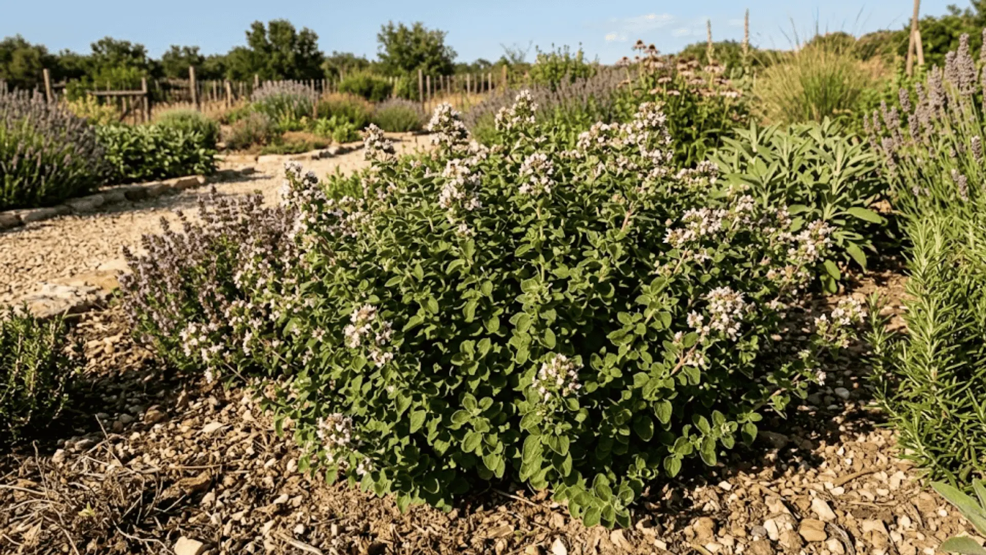 bushy oregano plant with fuzzy aromatic leaves and white pink flower clusters in dry garden soil