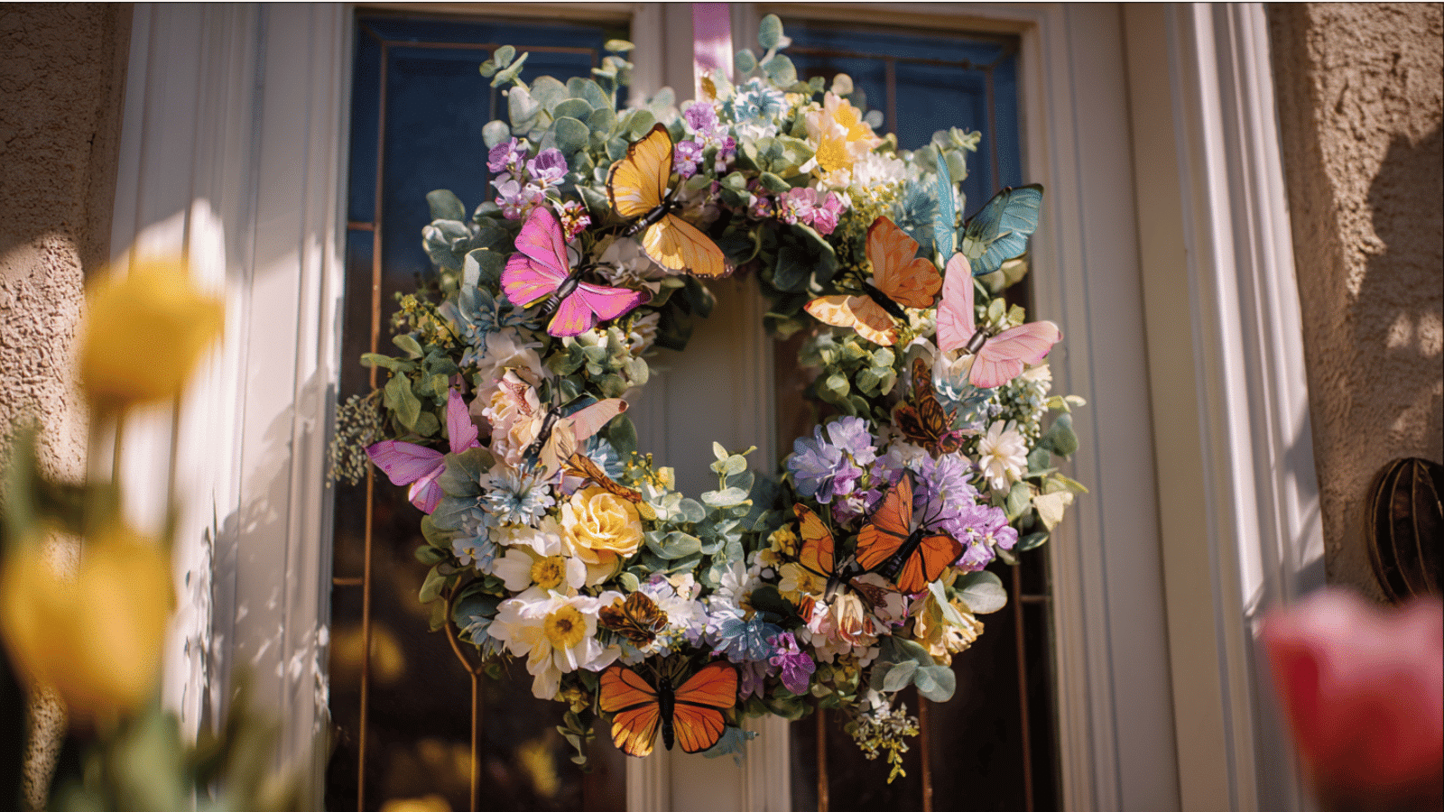 butterfly wreath with colorful butterflies pastel flowers and greenery hanging on a spring front door outdoors