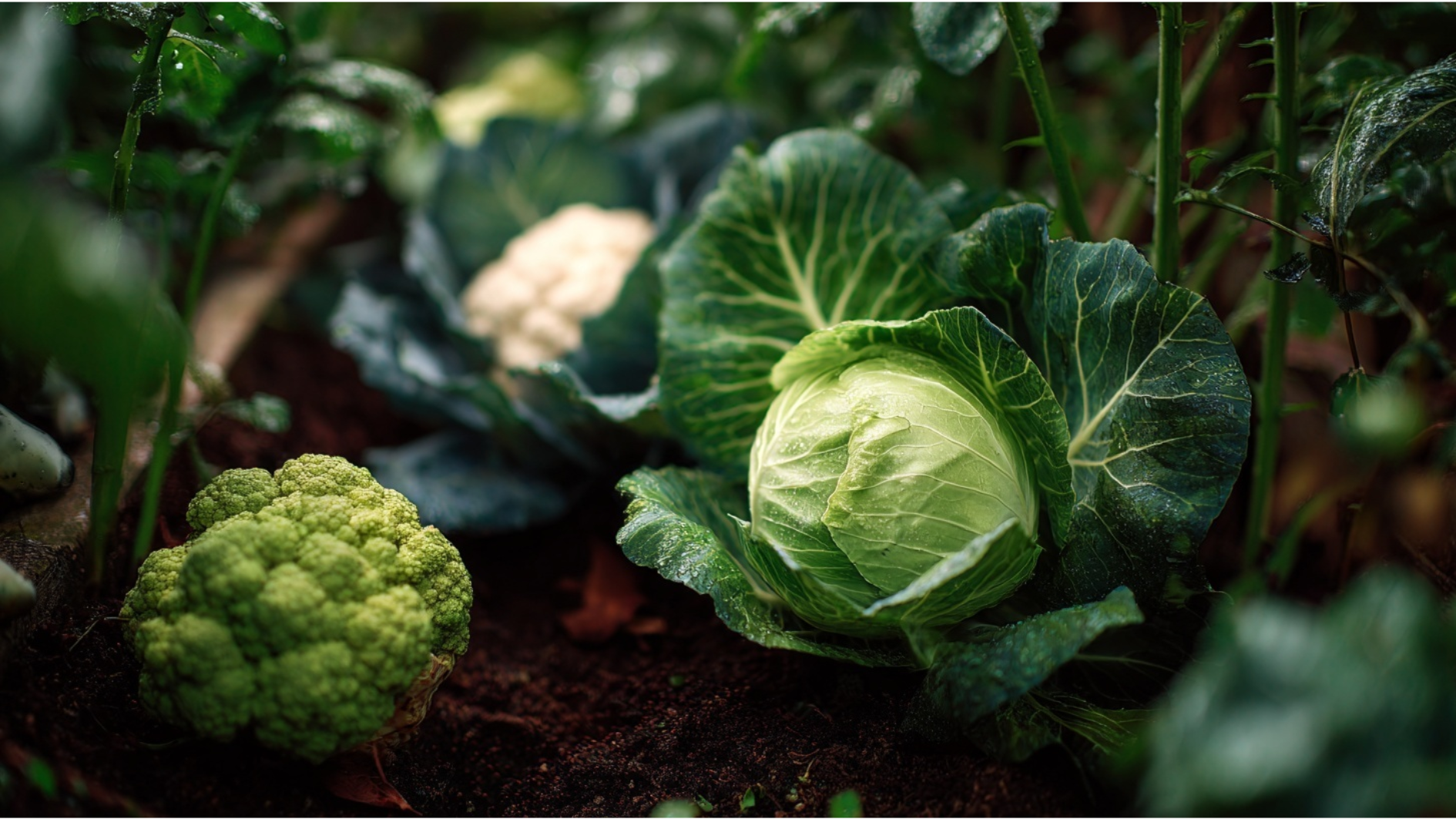cabbage broccoli and cauliflower growing together in a raised garden bed