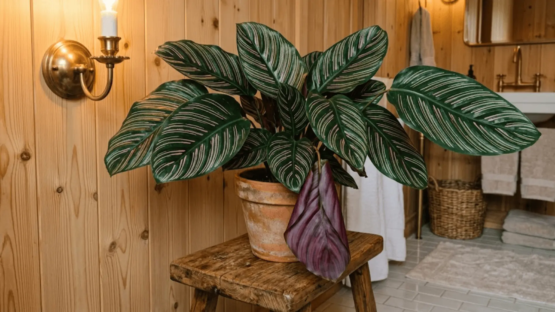 calathea ornata with pink pinstripe leaves in a terracotta pot on a wooden stool in an amber lit bathroom