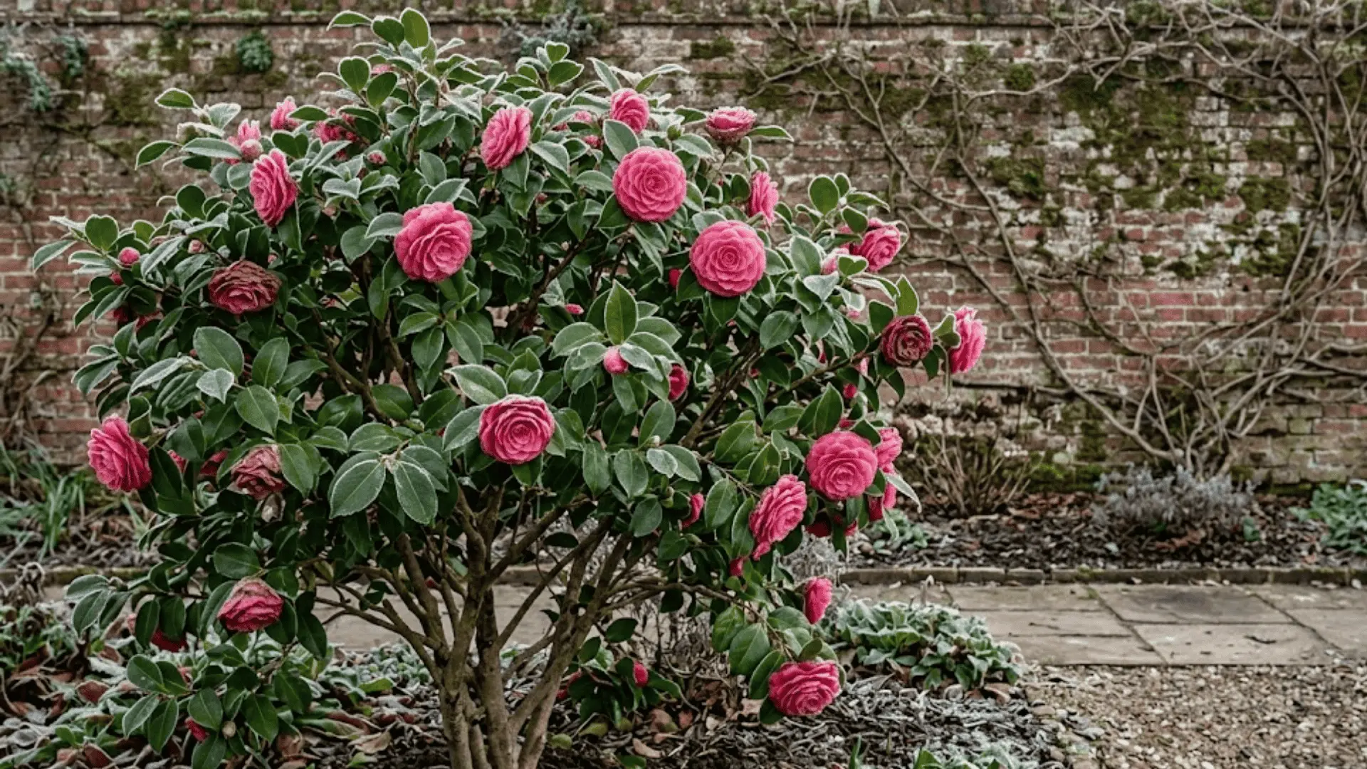 camellia shrub with deep pink double blooms and glossy dark leaves with light frost in winter