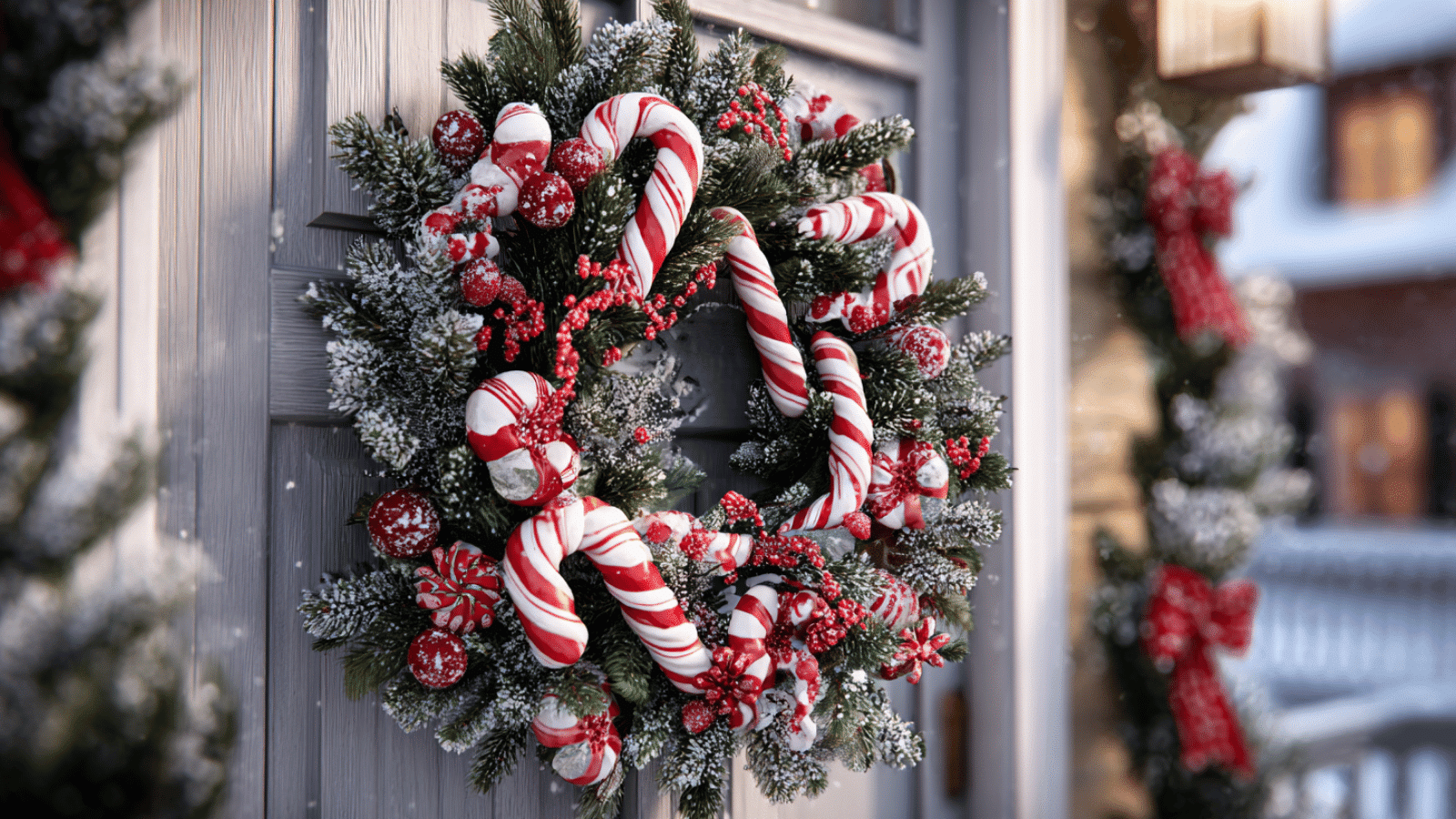 candy cane wreath with red white candy canes frosted greenery and holiday berries hanging on a snowy front door