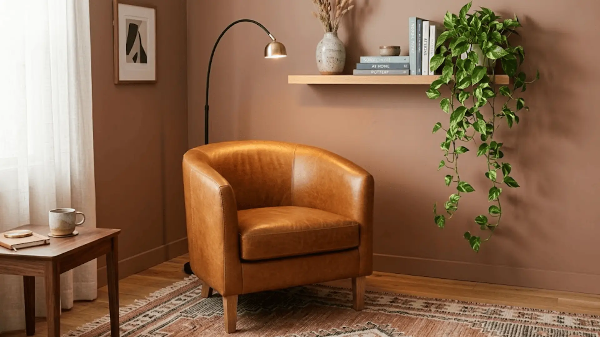 caramel leather barrel chair on a geometric rug in a compact apartment corner with arc floor lamp
