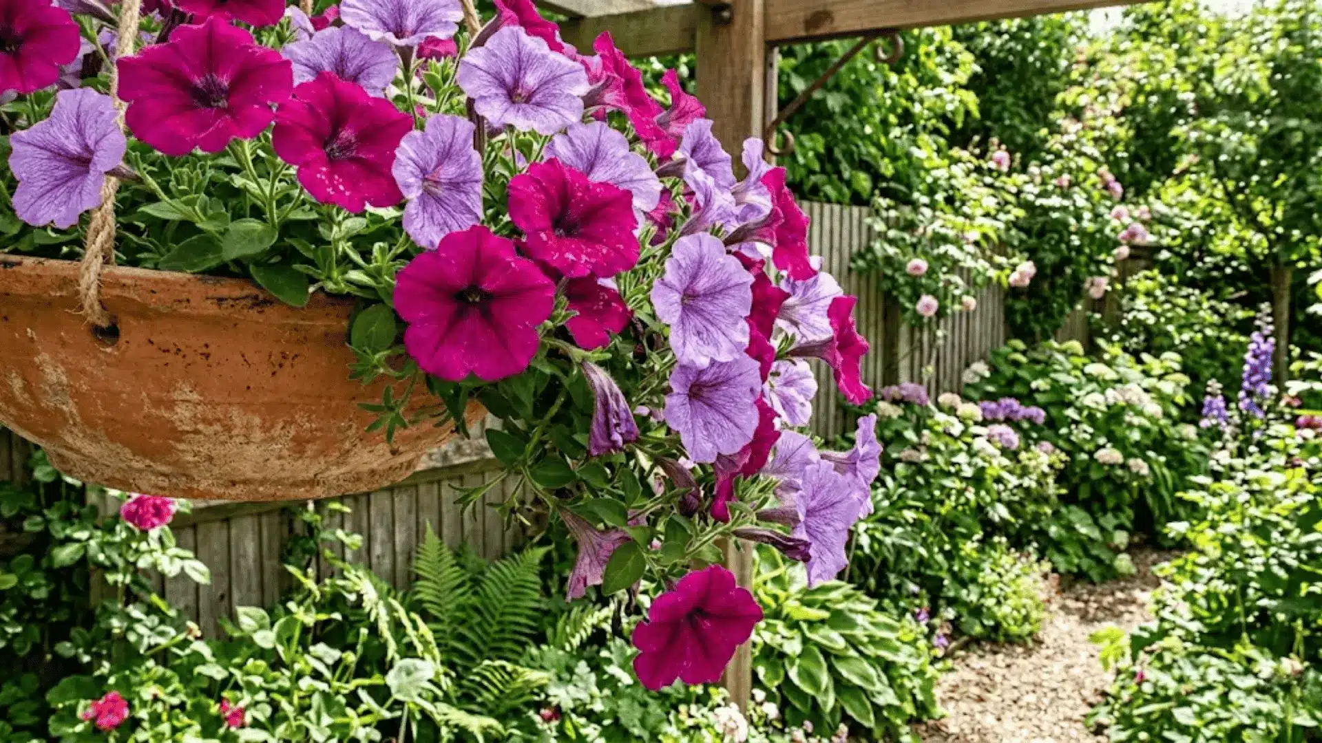 cascading magenta and violet petunias spilling from a terracotta hanging basket in bright sunlight
