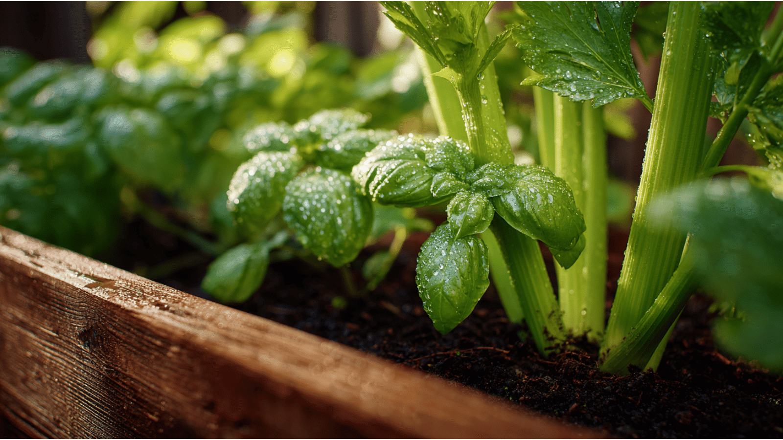 Celery stalks and basil leaves covered in water drops inside a damp wooden garden container outdoors.
