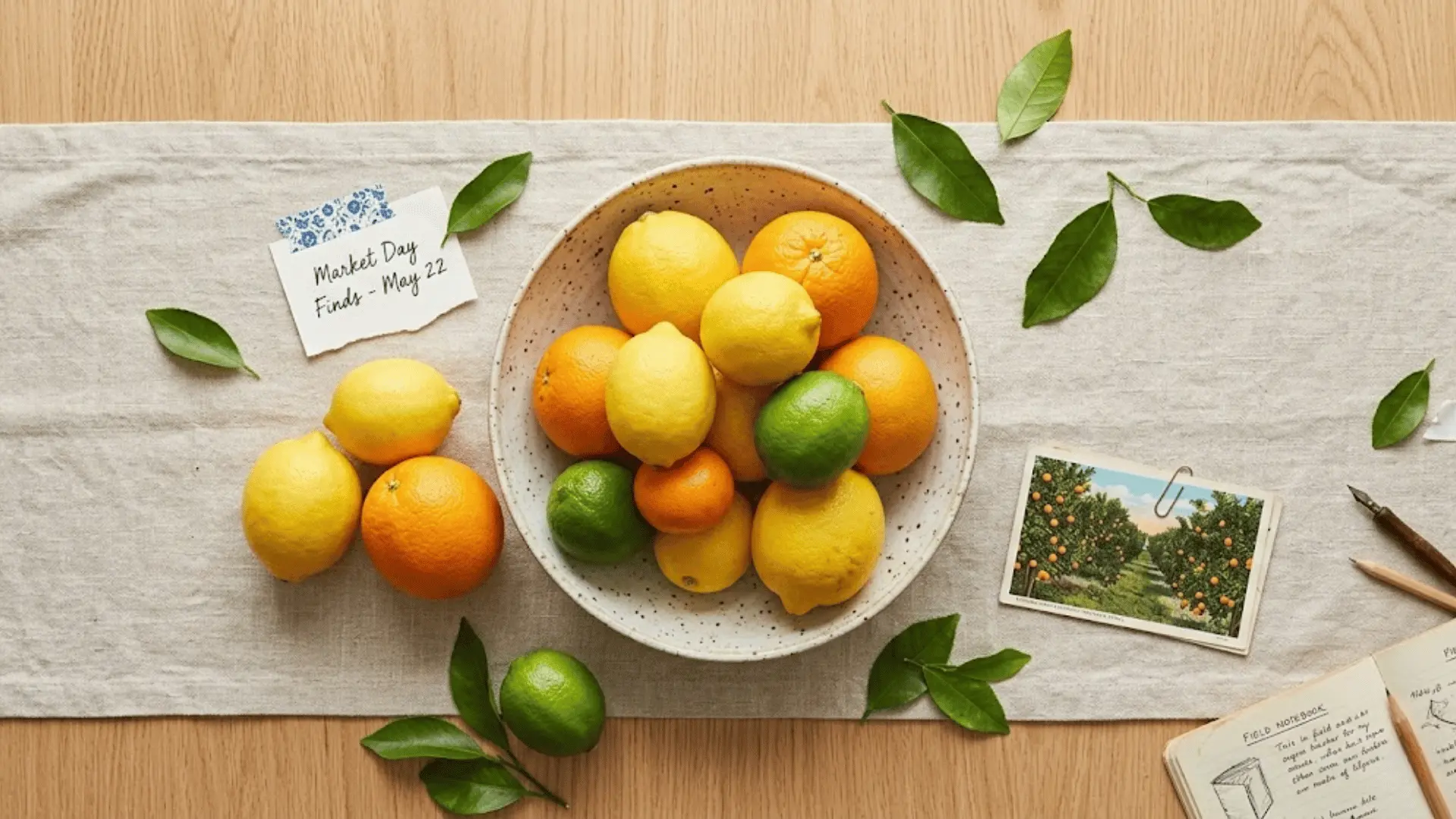ceramic bowl filled with lemons oranges and limes as colorful fruit centerpiece on wooden dining table