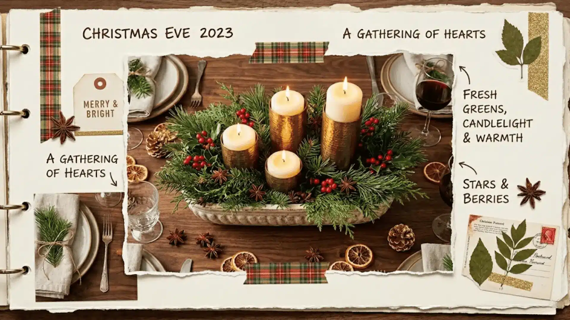 christmas centerpiece with pine sprigs red berries gold candles and star anise on walnut dining table