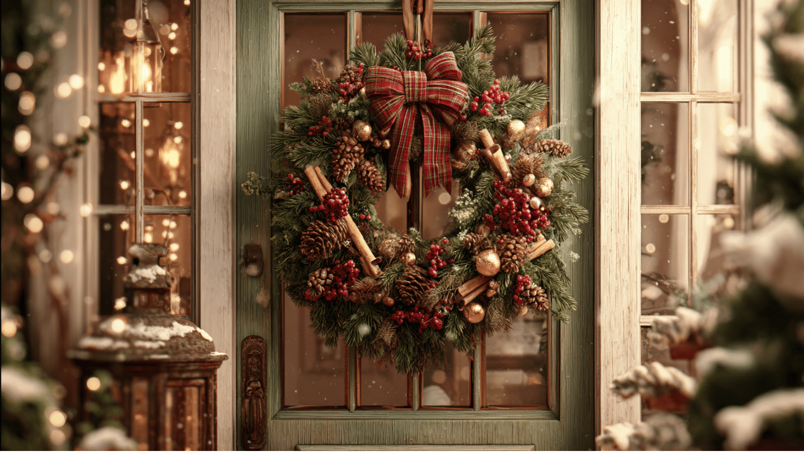 christmas wreath with pinecones red berries plaid ribbon and evergreen branches hanging on a festive front door