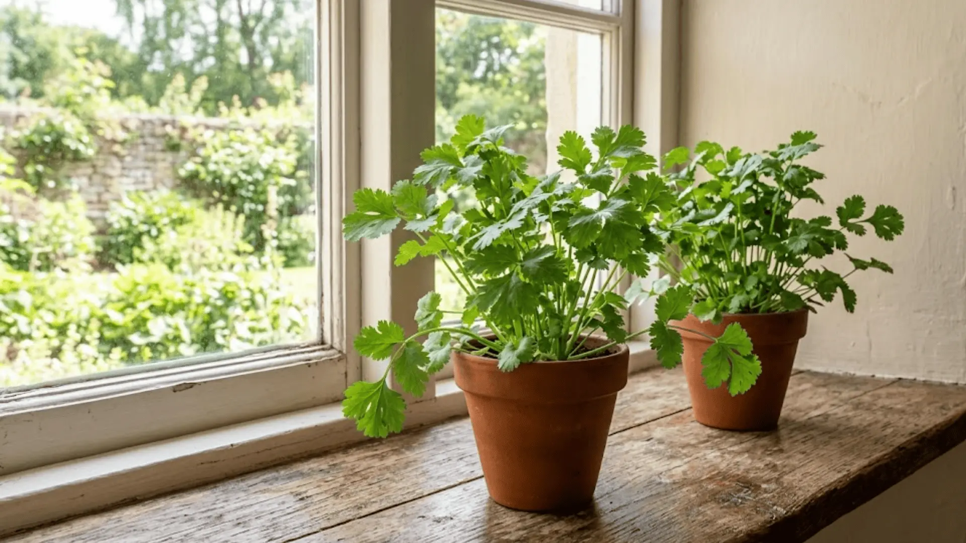 cilantro plant on a wooden windowsill in natural side light, sharp full detail including background