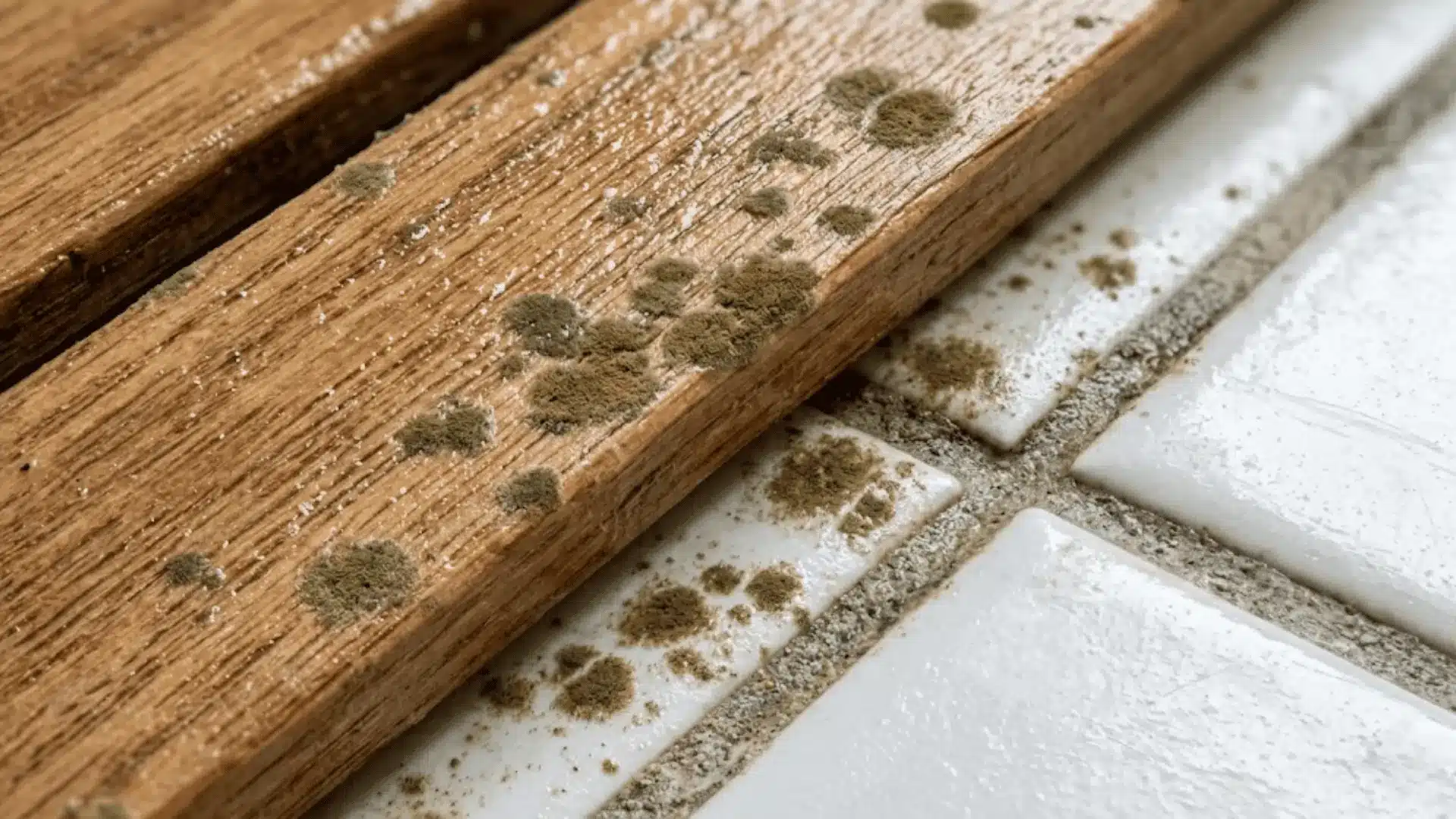 cladosporium mold olive green and brown spots on wooden bath mat and tile grout