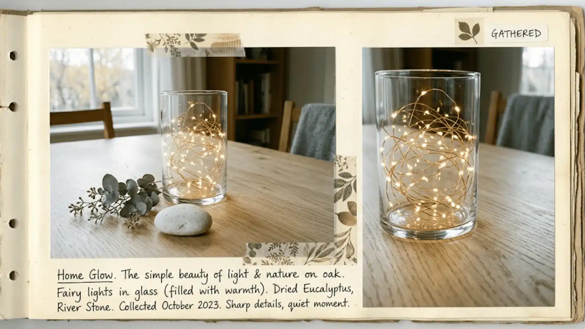 clear glass vase filled with warm white led fairy lights beside eucalyptus sprig on oak dining table