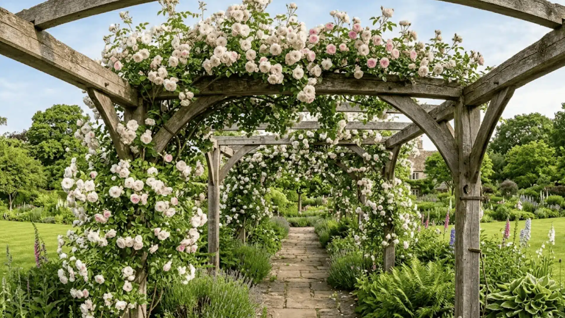 climbing rose with white pink blooms covering a weathered wooden pergola over a garden path in morning light