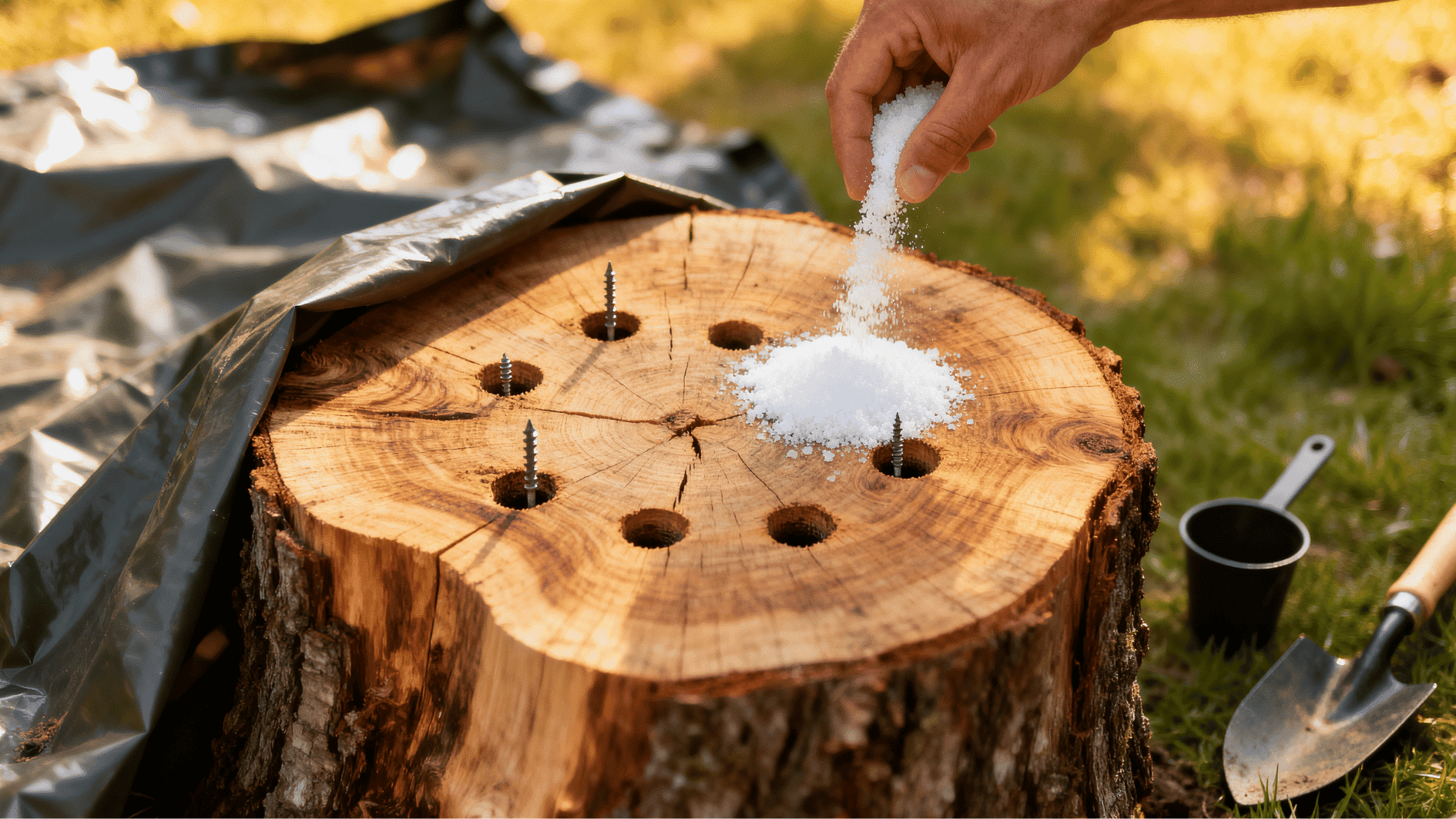 close-up of epsom salt being poured into drilled holes on a tree stump during a simple backyard DIY stump removal method. (1)