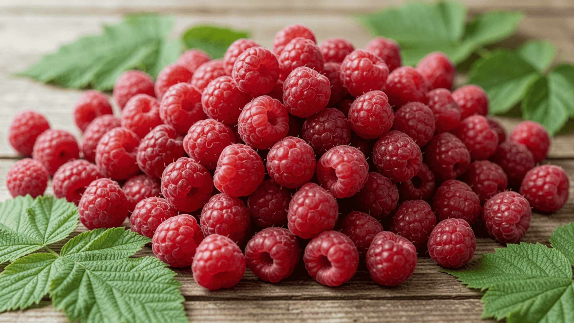 _close-up of fresh ripe red raspberries with water droplets on a rustic wooden surface in natural light