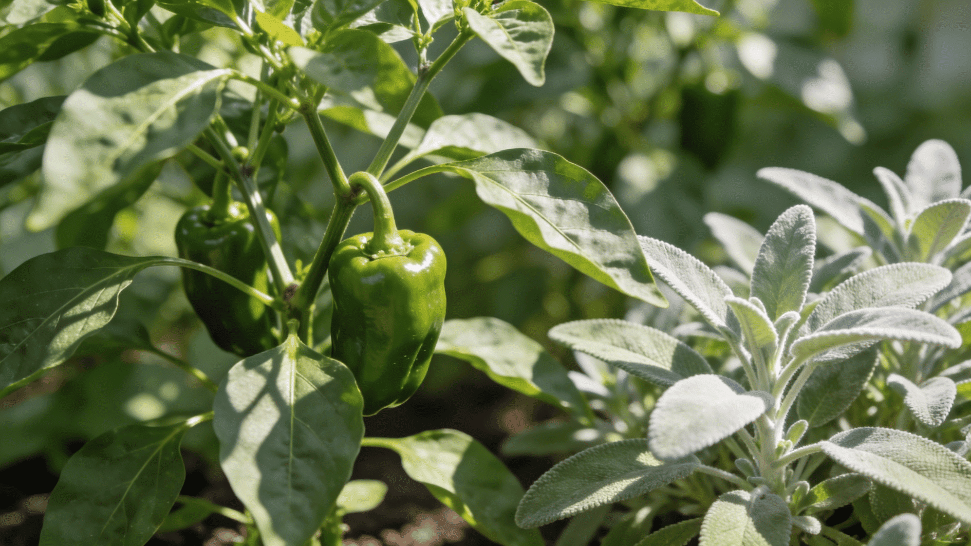 close up of sage plant with soft silvery leaves growing beside green pepper plant in sunlit garden bed