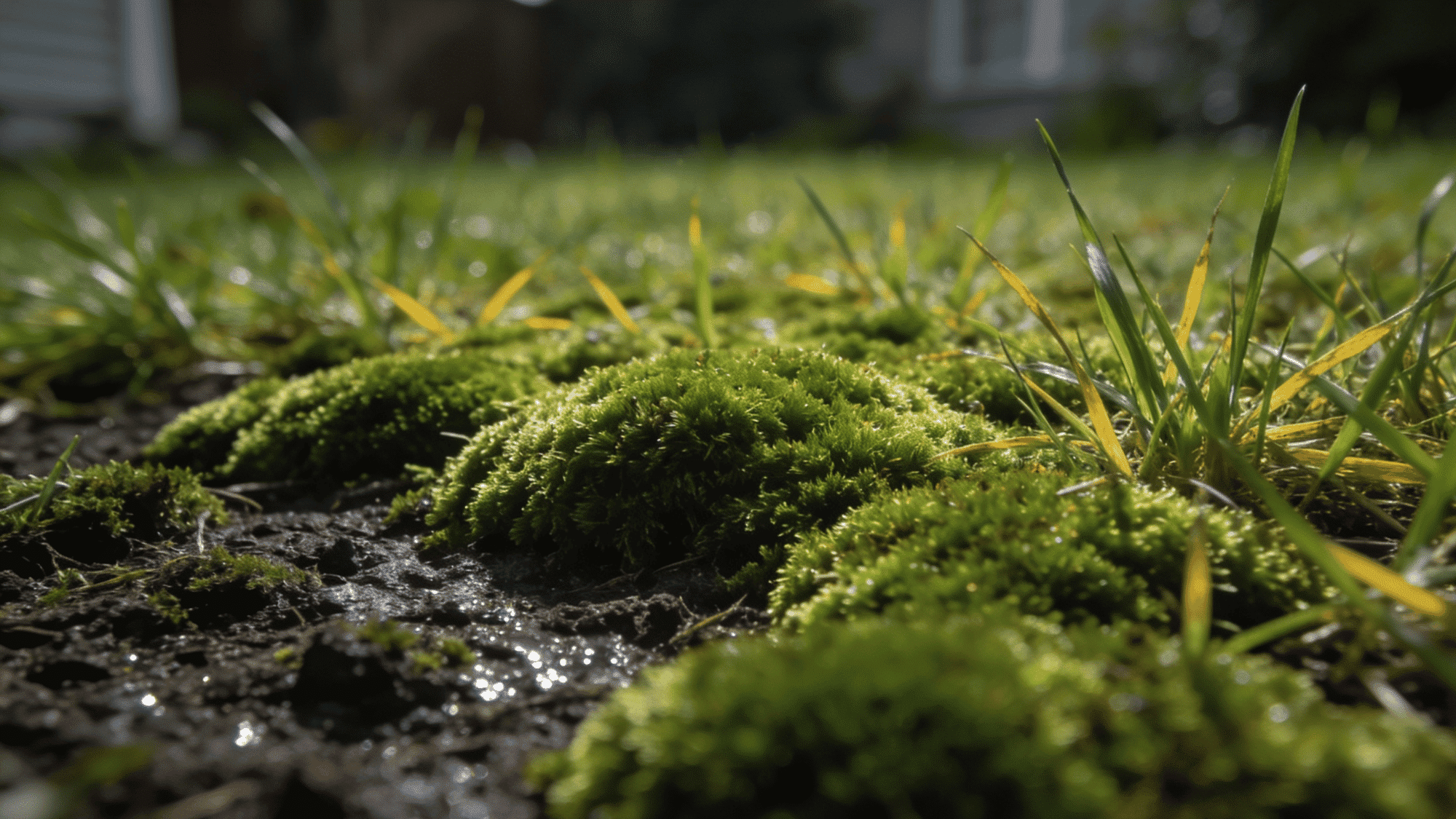 _close-up of thick green moss spreading across a damp residential lawn with thin struggling grass nearbyclose-up of thick green moss spreading across a damp residential lawn with thin struggling g