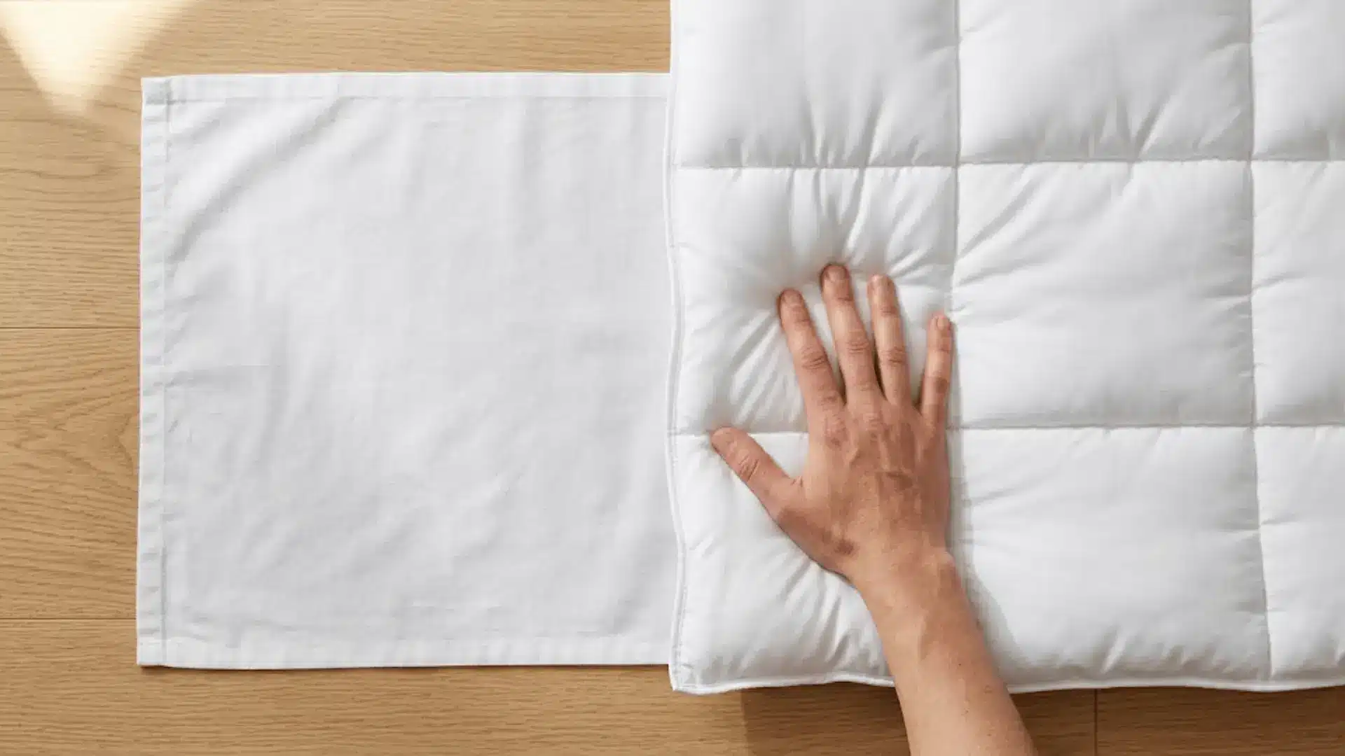 close-up of thin bedspread fabric and thick quilted comforter laid side by side on a wooden floor