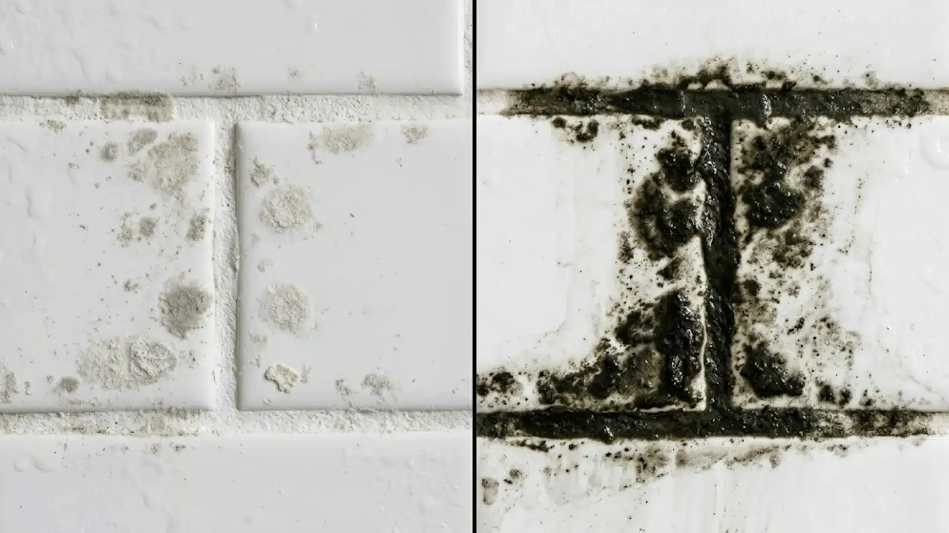 close-up split image showing flat gray mildew on tile grout left and raised black mold growth on grout right