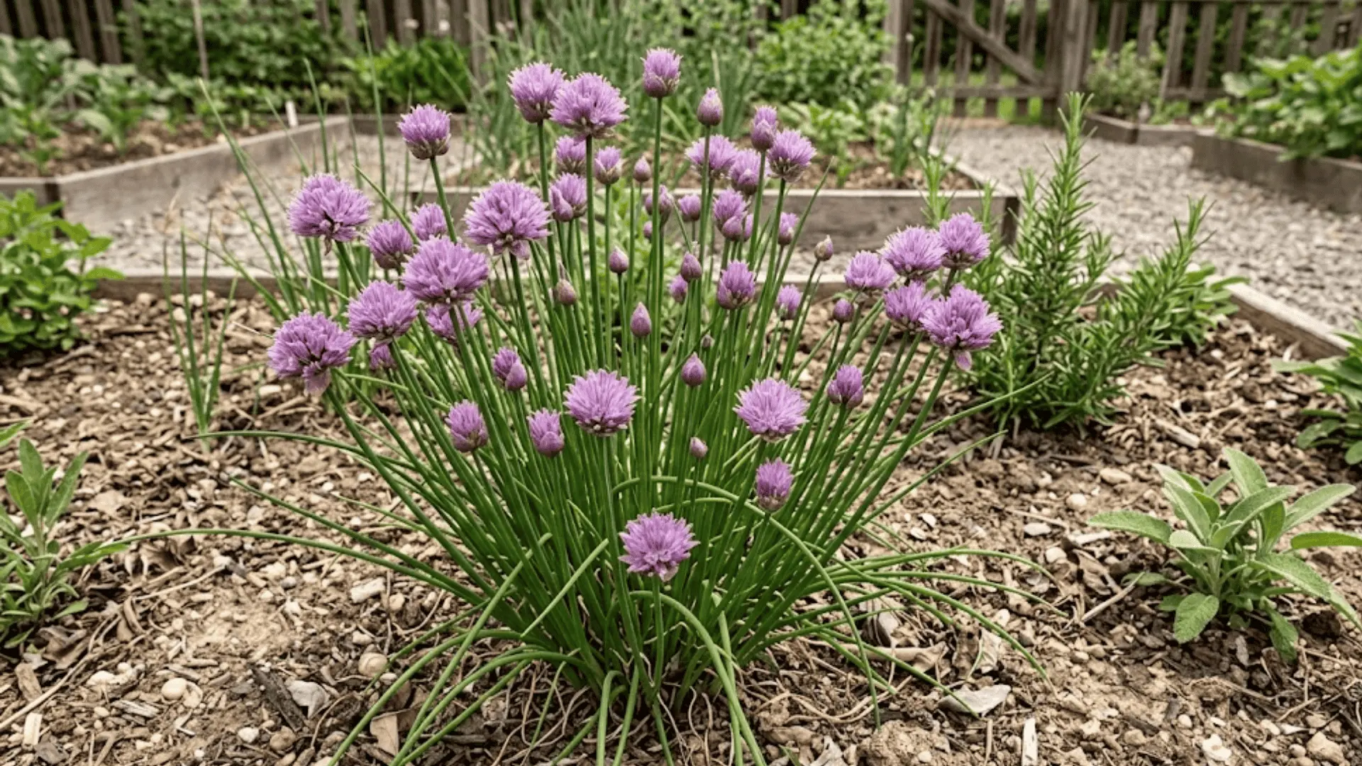 clump of chives with slender green stems and round purple flower heads growing in dry garden soil