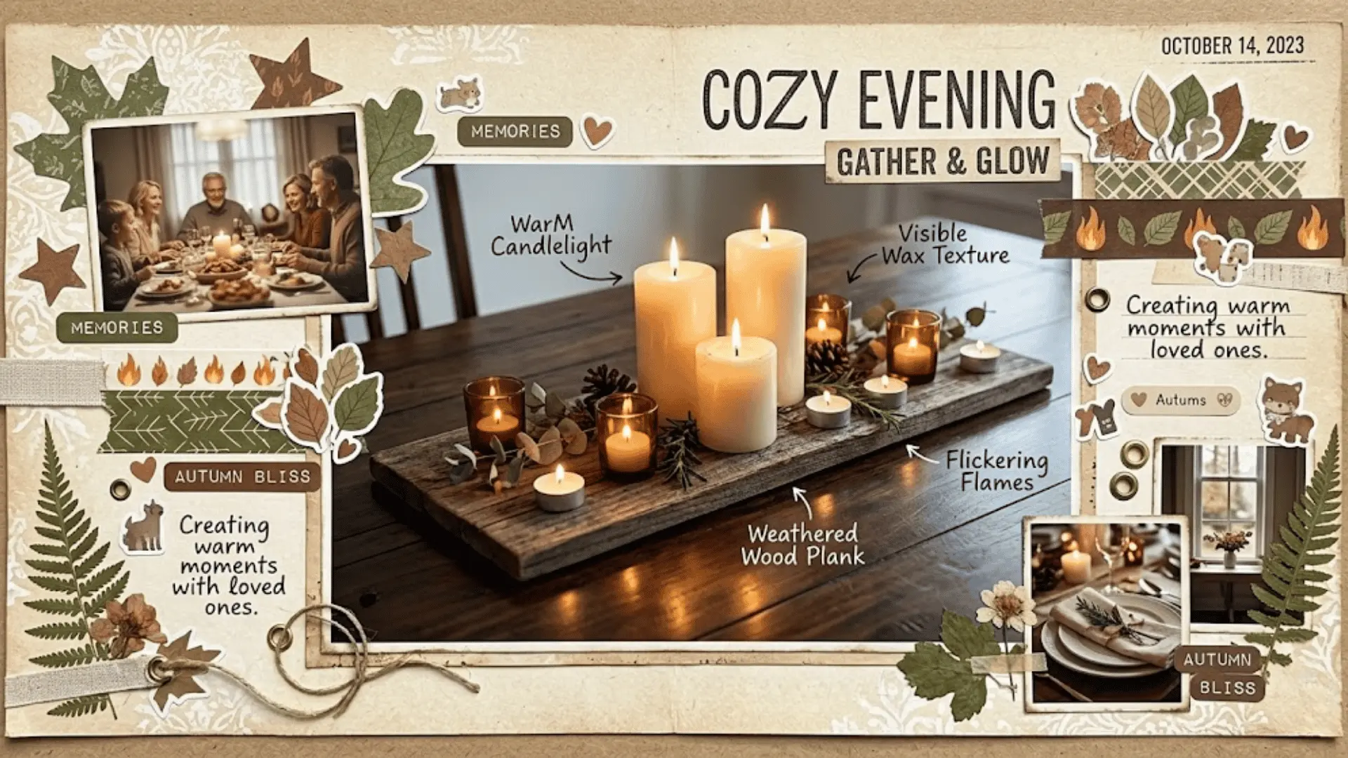 cluster of pillar and votive candles on wooden board as dining table centerpiece with warm glow