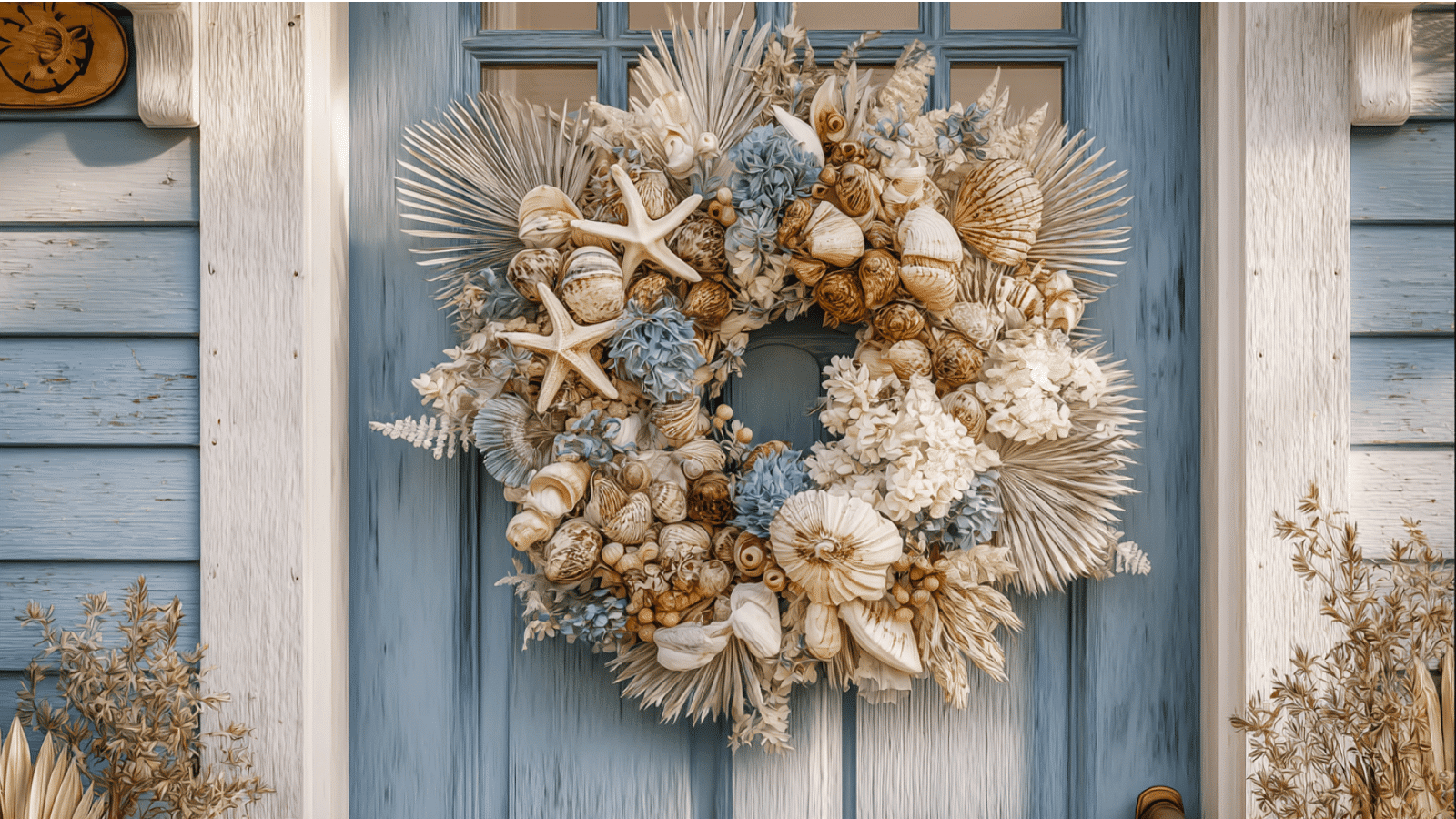 coastal wreath with seashells starfish dried palm leaves and soft blue flowers hanging on a beach style front door