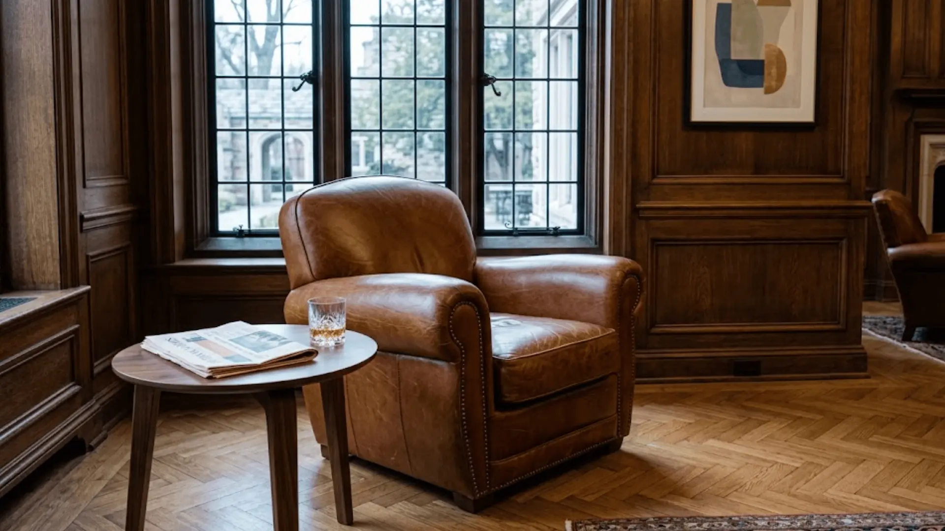 cognac leather club chair on herringbone oak parquet in a refined lounge with wood-paneled walls (1)