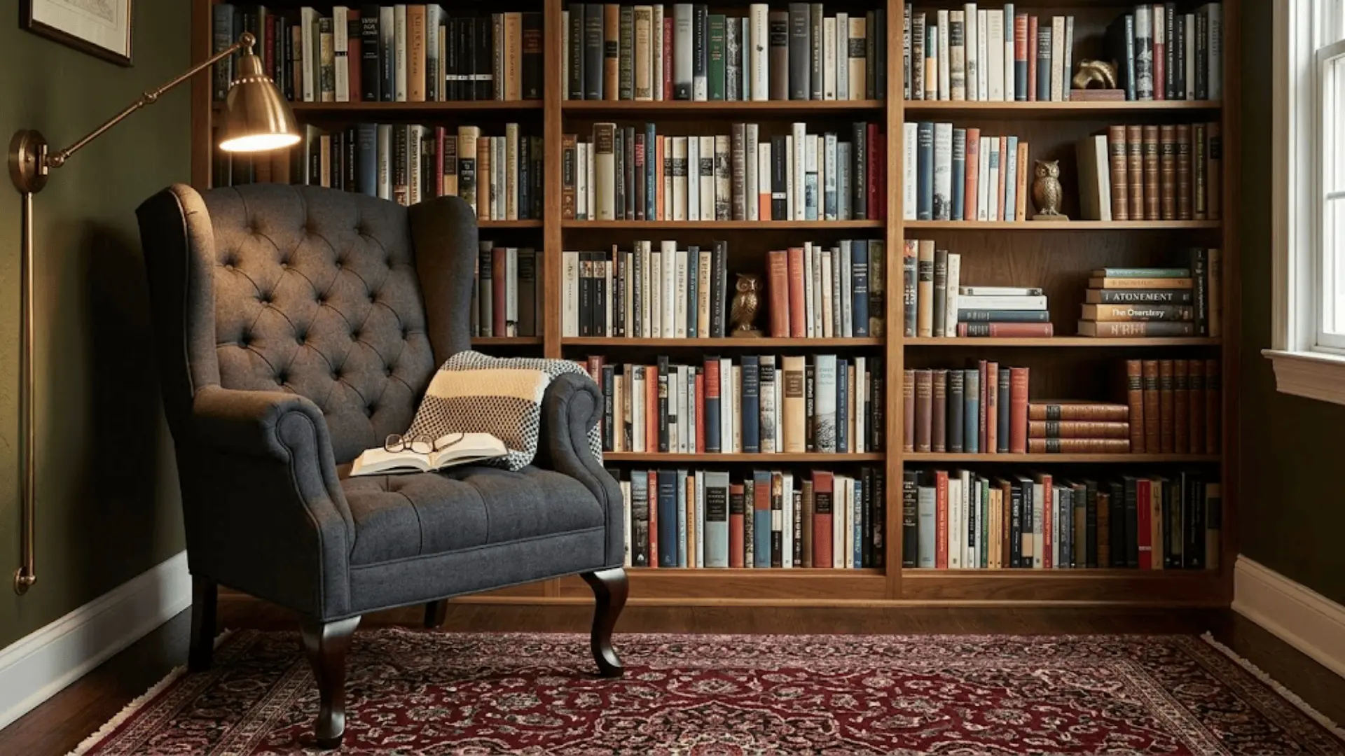 cognac leather club chair on herringbone oak parquet in a refined lounge with wood-paneled walls