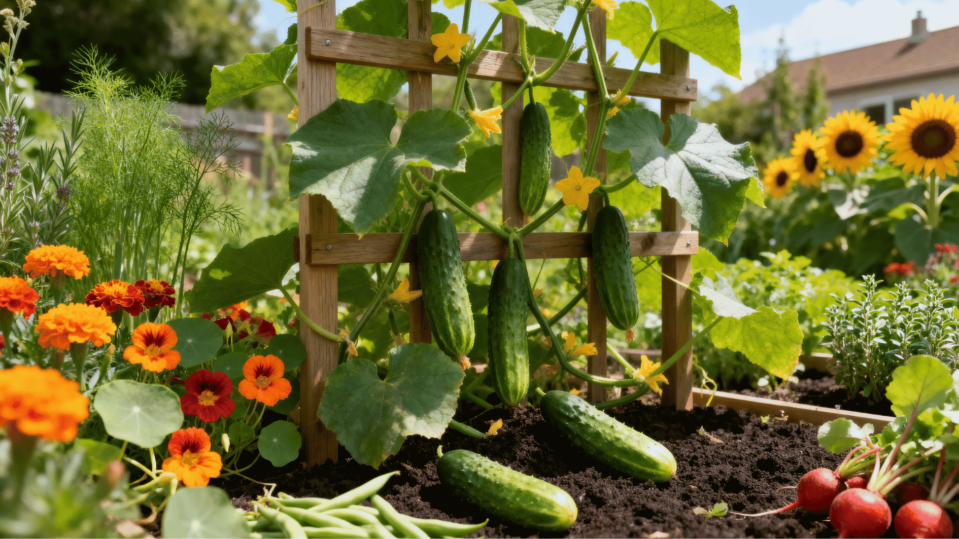 colorful cucumber companion garden with trellised cucumber vines, flowers, herbs, beans, and radishes in bright sunlight. (1)