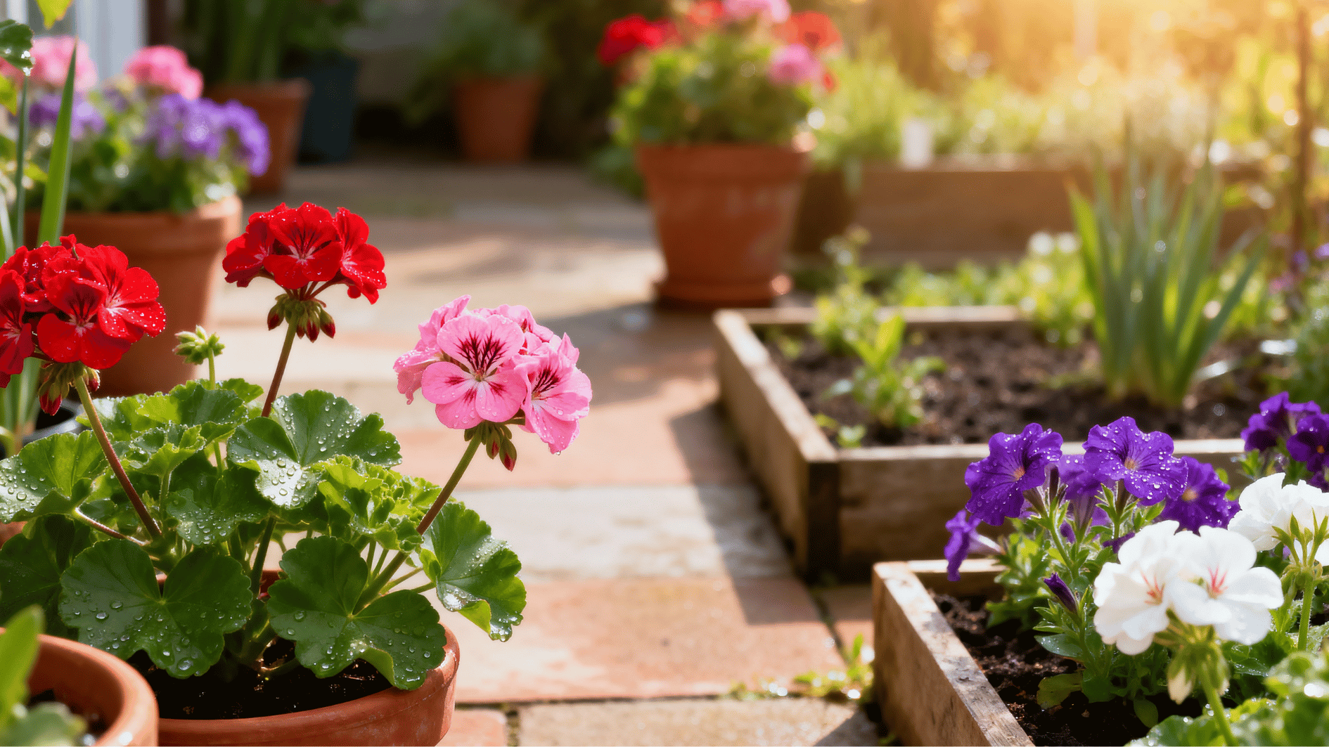 colorful geranium flowers blooming in pots and raised garden beds on a sunny patio with warm natural morning light.
