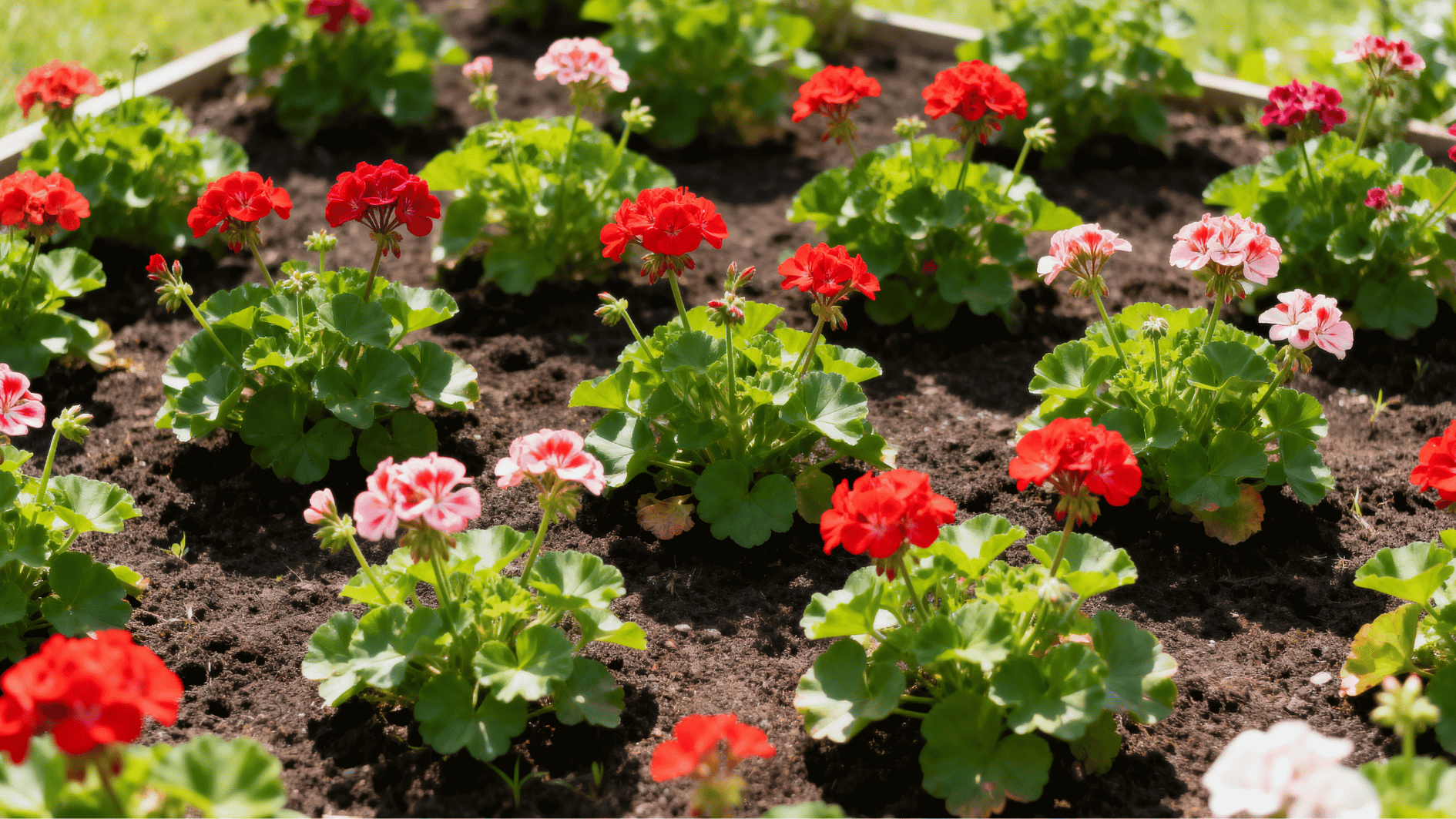 colorful geranium plants spaced evenly in a sunny garden bed with healthy blooms and fresh green leaves.