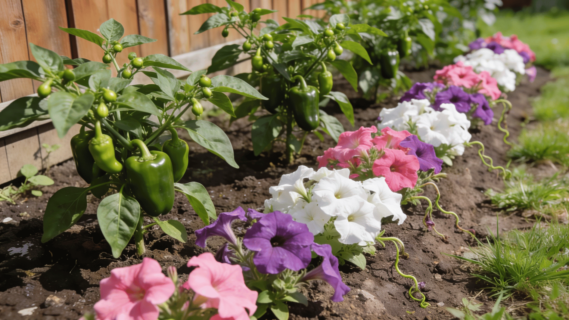 colorful petunias blooming beside green pepper plants in garden bed near wooden fence in sunny backyard setting