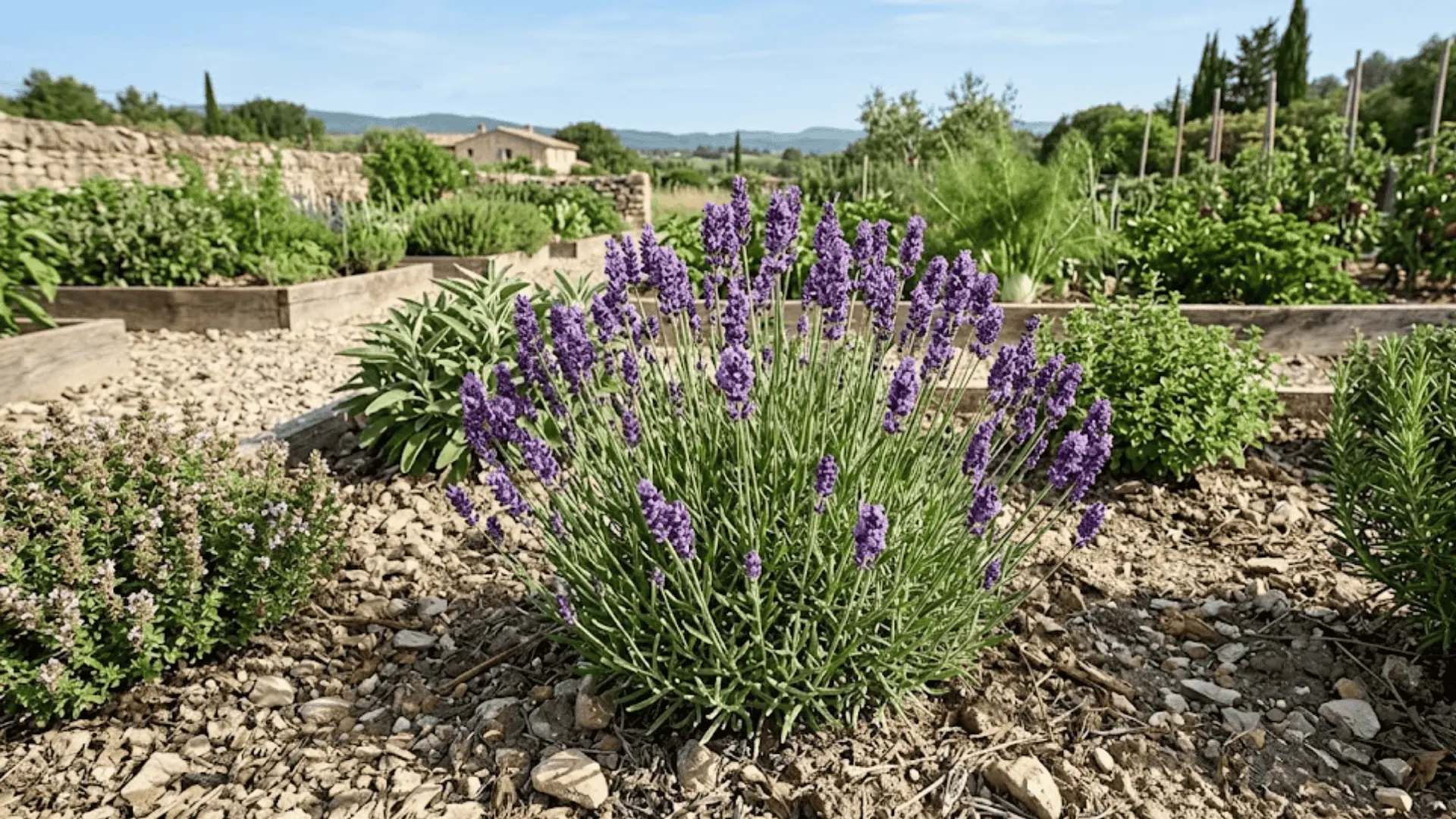 compact lavender herb with silver green leaves and purple flower spikes in dry pale kitchen garden soil